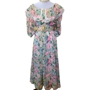 Vintage Kwai Lace Trimmed Exaggerated Collar Floral‎ Full Skirted Dress 60s